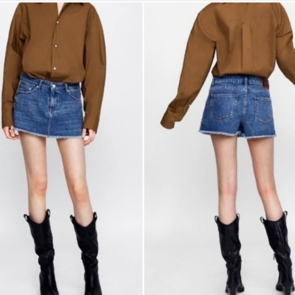 Zara Woman Denim Rhinestone Trim Mini Skorts